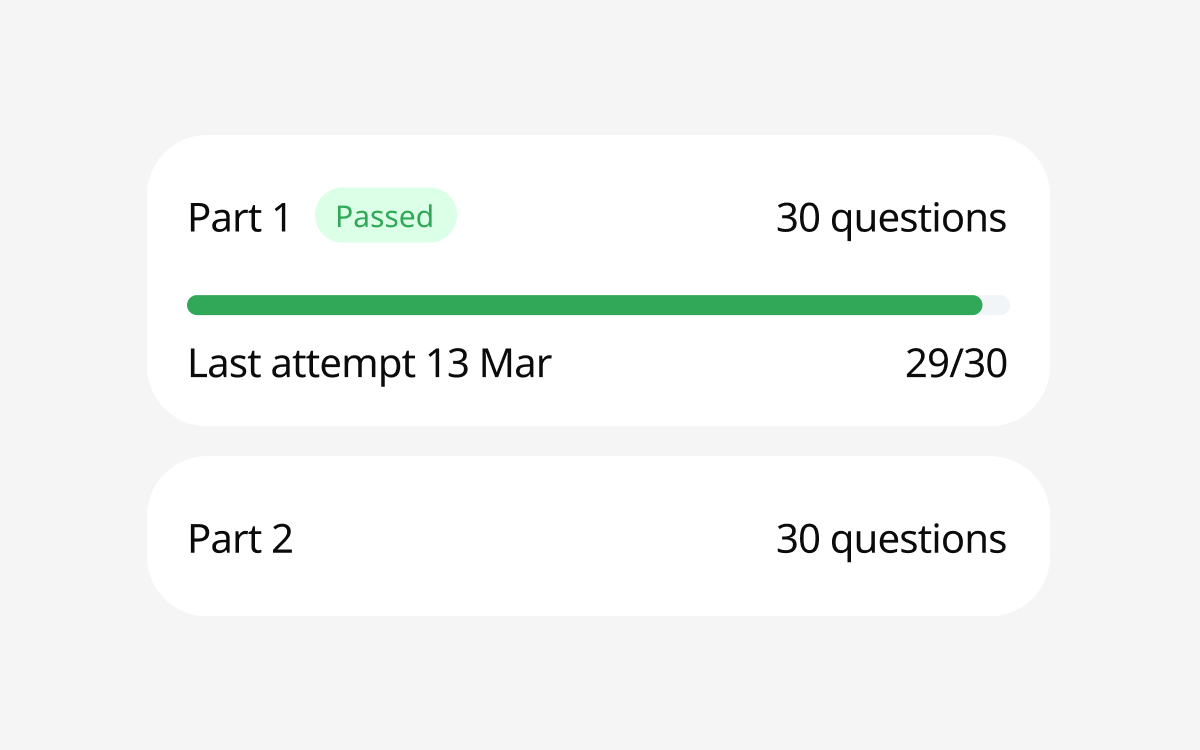 Ticket Mode — practice questions organised by topic